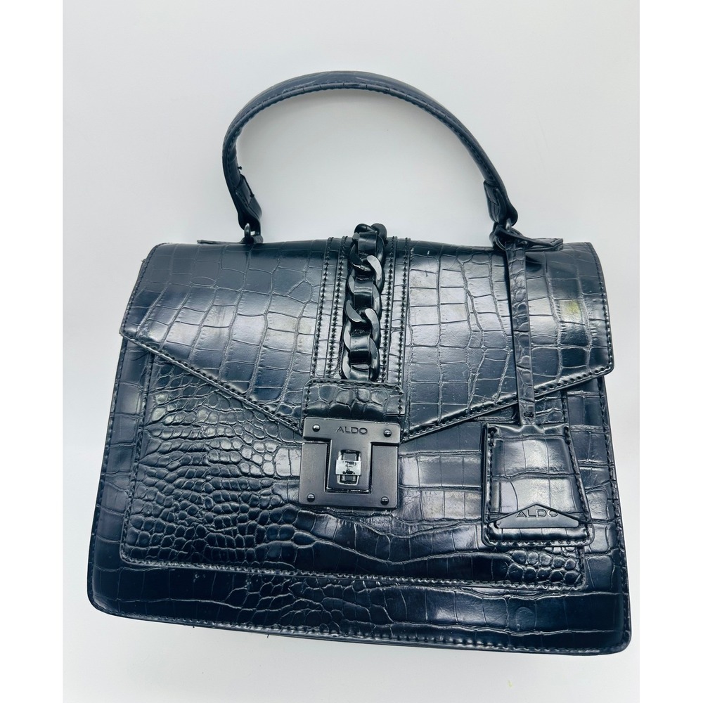Aldo Black Croc Embossed Top Handle Satchel Bag Tonal Hardware Lock Closure
